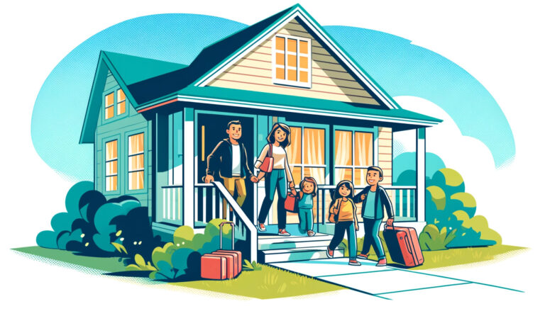 family leaving short-term rental house