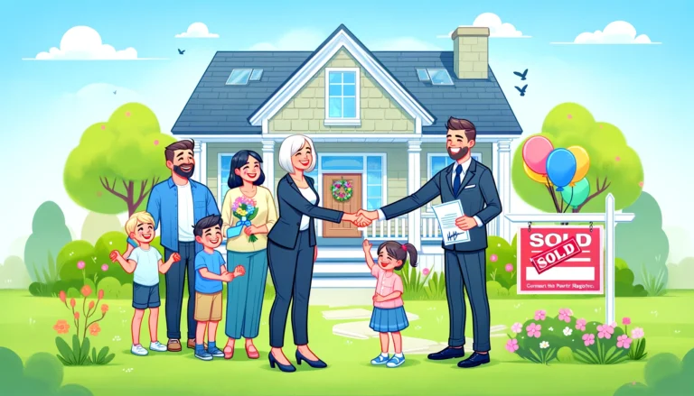 two agents showcasing the role of the realtor and completing a sale for a happy family