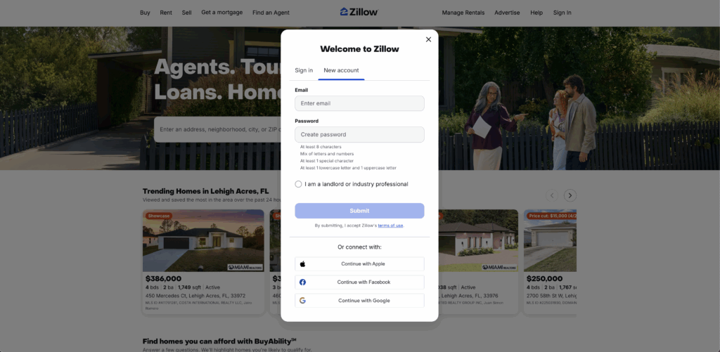 Welcome to Zillow pop-up to create new account