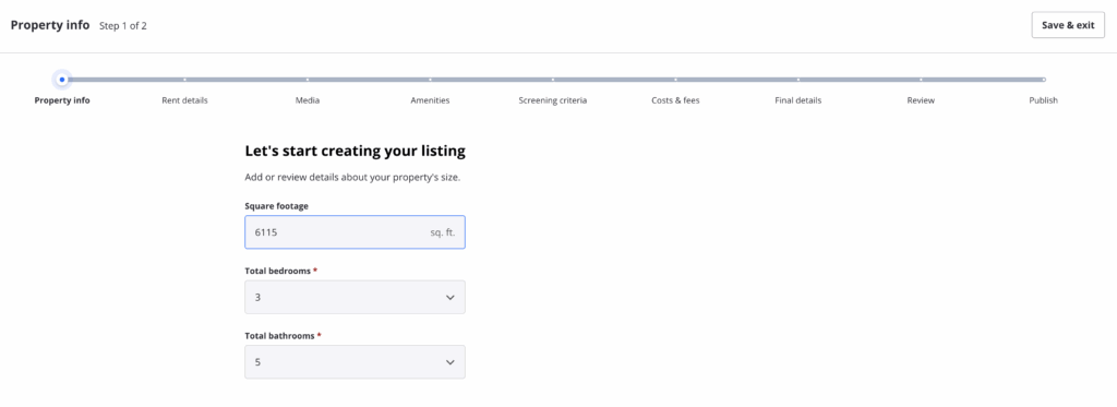 Zillow rental page for property info, with fields for square footage, bedrooms, and bathrooms