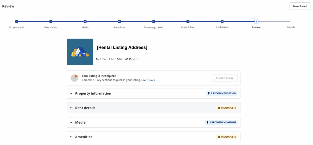 Zillow rental page to review info before publishing listing