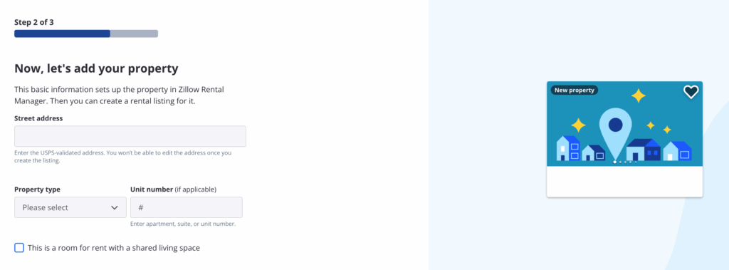 Zillow Rental form to add property with fields for the address and property type