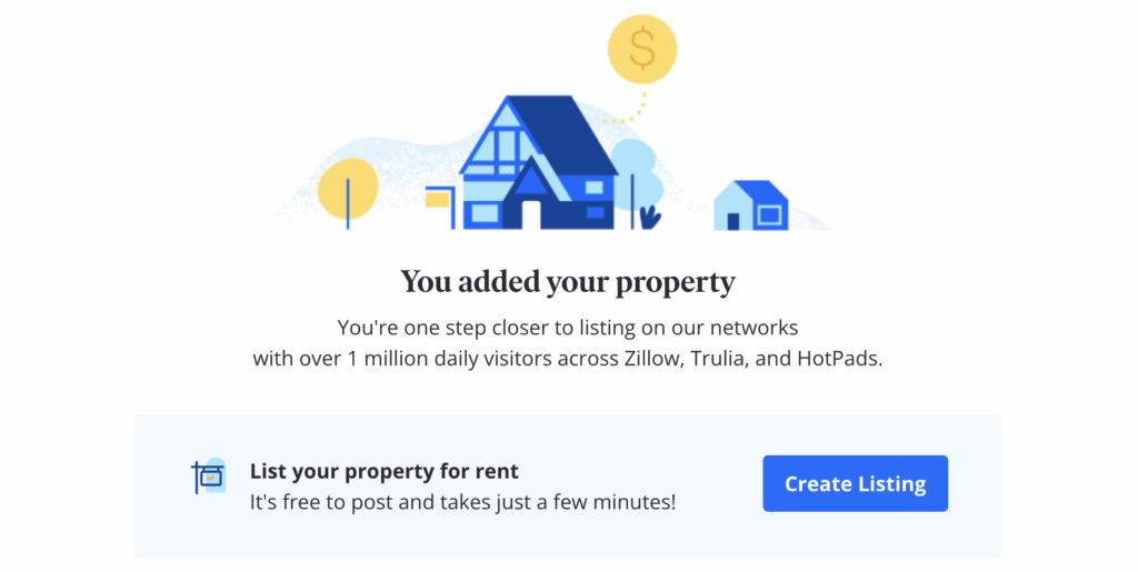 Zillow pop-up saying "You added your property," with "Create Listing" button beneath