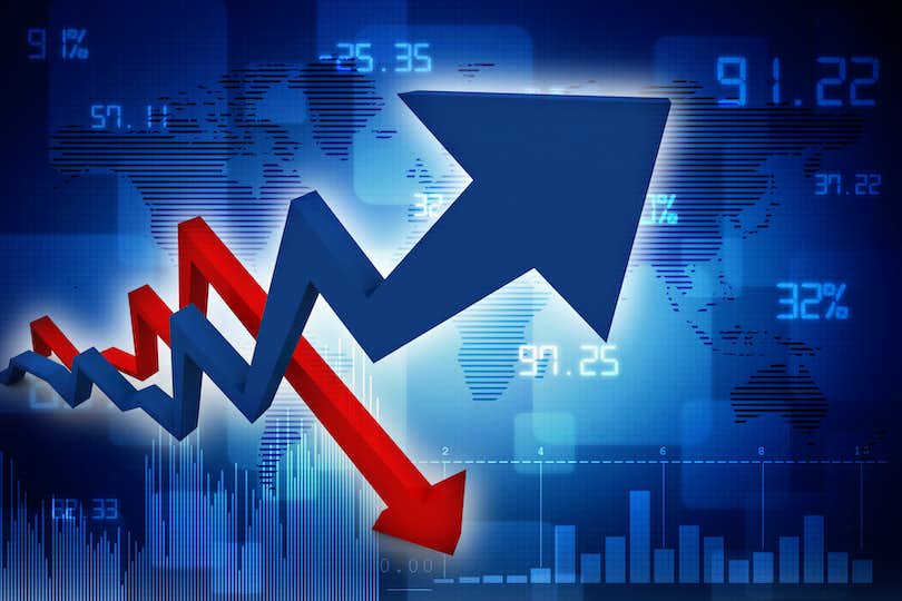 arrows point to up and down trends in the housing data